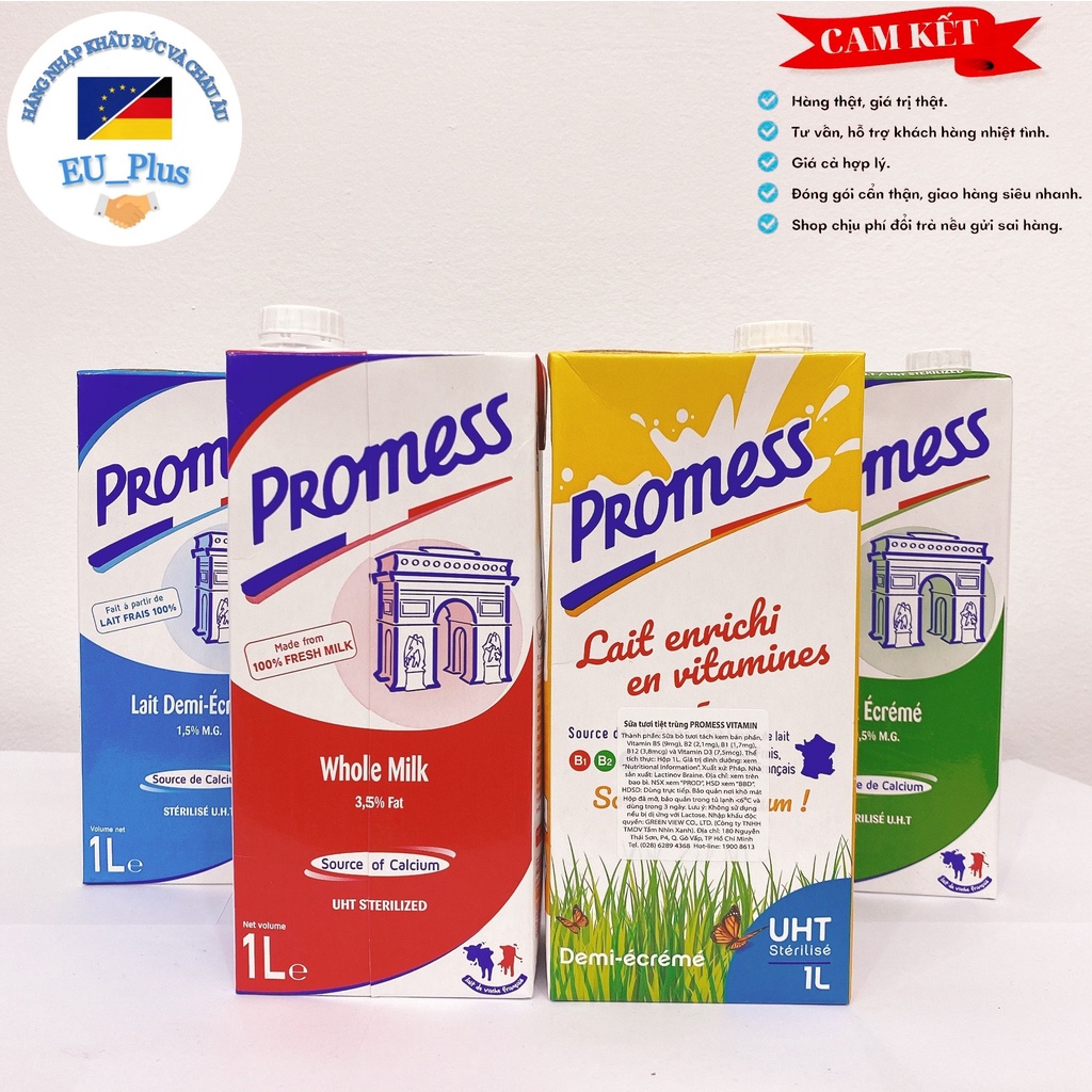 Sữa tươi không đường Promess 1 lít - Pháp: tách béo, nguyên kem, tăng canxi