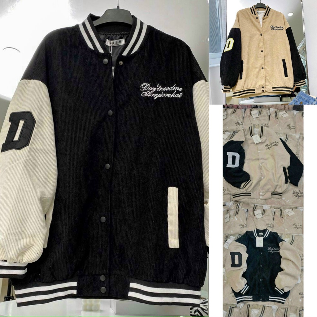 Áo khoác Bomber Nhung kaki Chữ D - 2 Lớp Lót Dù Kiểu Teen Unisex Nam Nữ Mặc Thu Đông - Giá Rẻ Học Sinh
