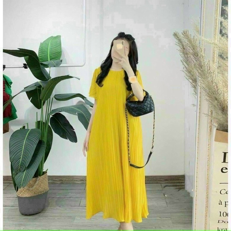 Đầm tơ xếp ly dáng suông kèm ảnh thật