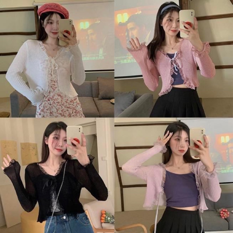 Áo khoác cardigan kiểu nữ thun len mỏng voan phối ren bèo tay dài croptop ôm trơn - Order taobao quảng châu