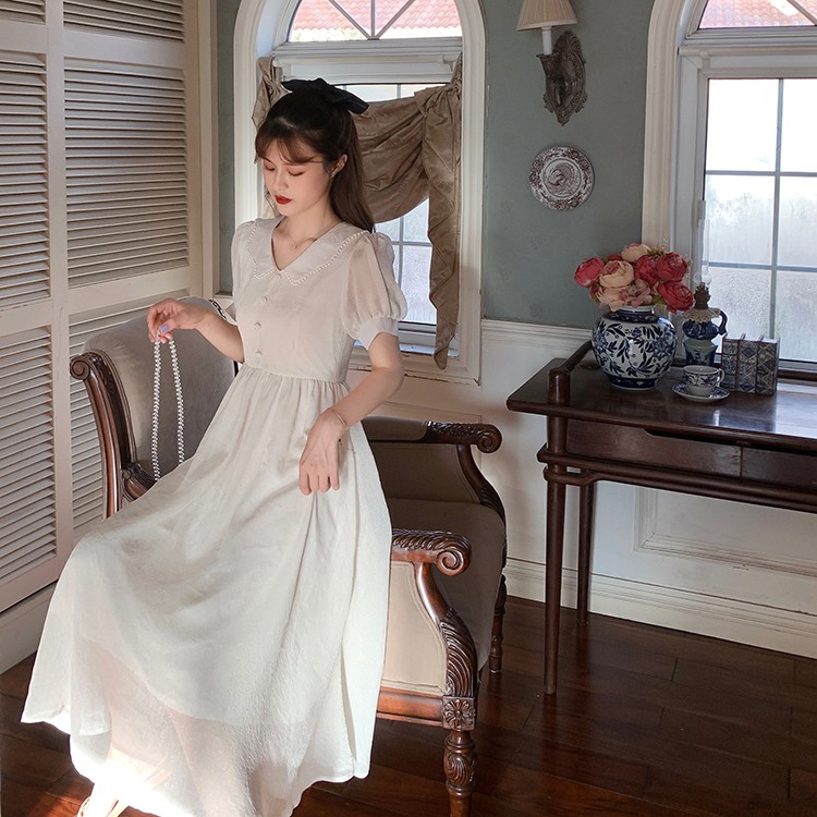 [SẴN] Đầm xòe công chúa đính nút ngọc dáng tiểu thư màu trắng kem
