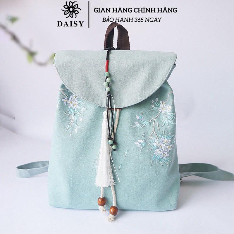 Balo vải thêu hình hoa cặp sách đựng nhiều đồ thời trang phong cách cô gái Trung Hoa họa tiết thêu tay nhẹ nhàng Daisy