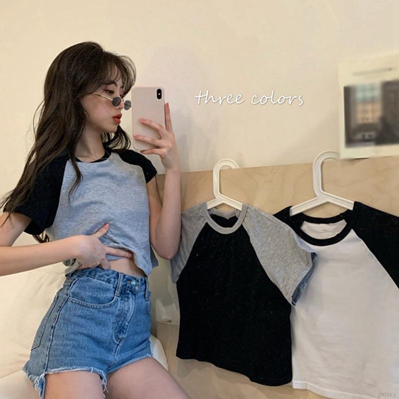 Áo thun dáng lửng ngắn tay phối màu sắc thời trang mùa hè Hàn Quốc năng động cho nữ