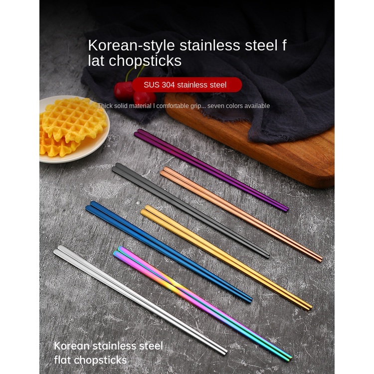 Đũa Bằng Thép Không Gỉ 304 Dày Dặn Chống Trượt Màu Vàng Đồng Phong Cách Hàn Quốc