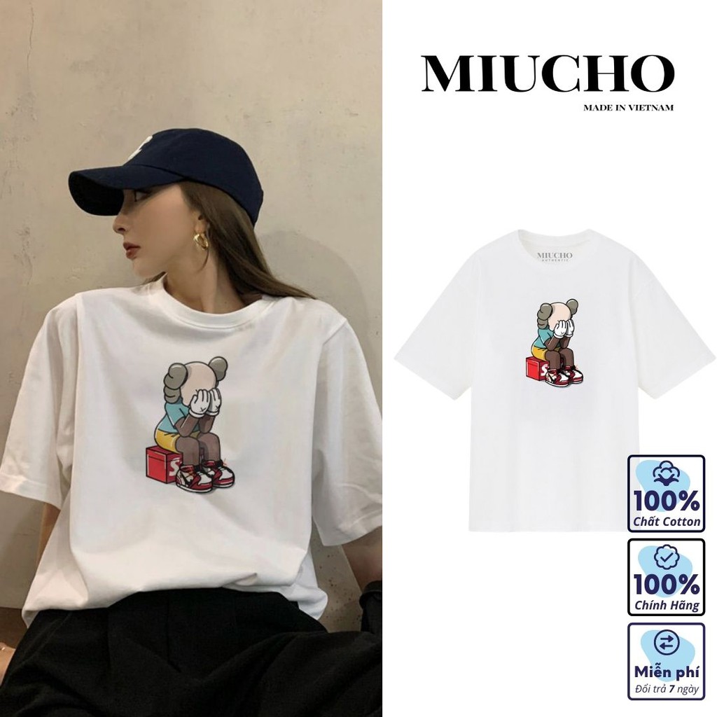 Áo thun kaws nữ nam trắng đen AT018 Miucho Tee vải đẹp thun cotton phông oversize Unisex tay lỡ form rộng hàn quốc