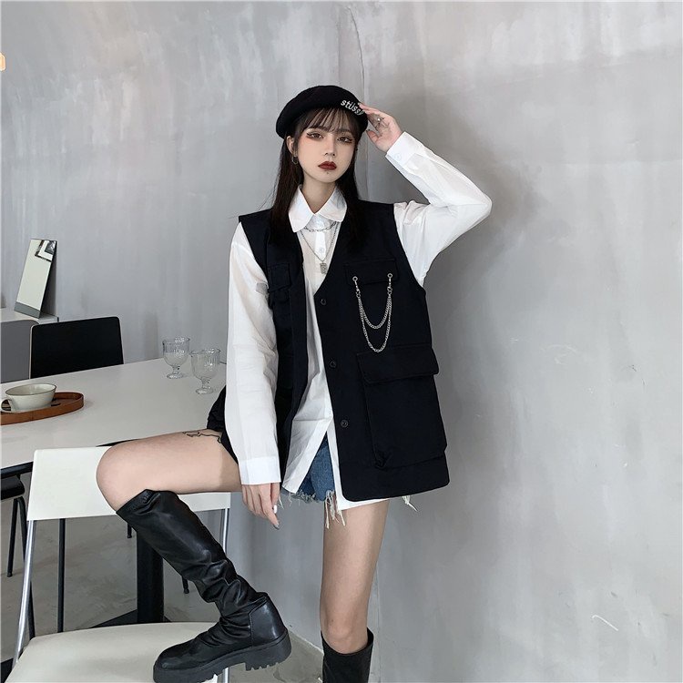Áo gile túi hộp MeanStore Áo gile nam nữ khoác ngoài dây xích freesize form rộng chất kaki màu đen