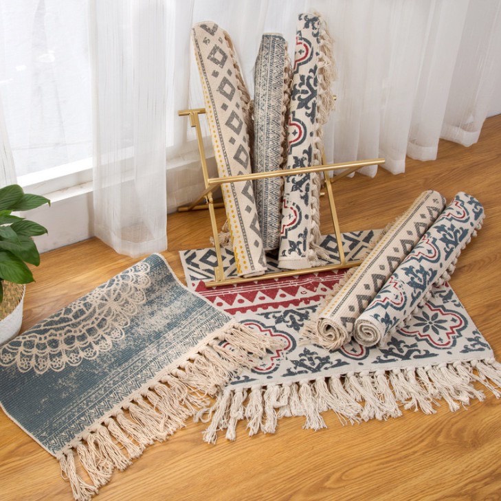 Thảm chùi chân dệt thủ công, thảm thổ cẩm phong cách vintage để chân giường, chân ghế sofa phong cách