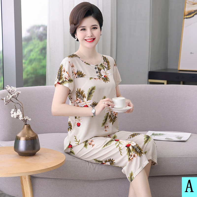 Bộ Đồ Ngủ Tay Ngắn Chất Cotton Lụa Thời Trang Cho Phụ Nữ Trung Niên