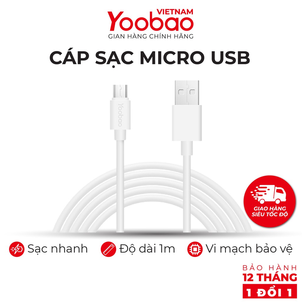 Dây cáp sạc Micro YOOBAO YB-402 2.1A Vỏ nhựa TPE dài 1m - Hàng chính hãng - Bảo hành 12 tháng