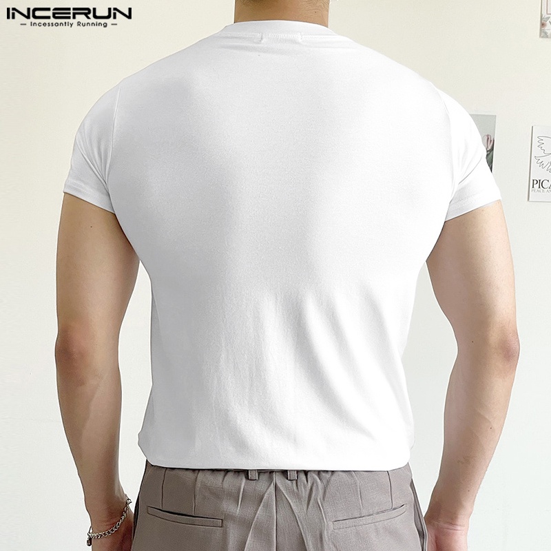 Áo thun INCERUN tay ngắn cổ tròn màu trơn thiết kế đơn giản thời trang cho nam