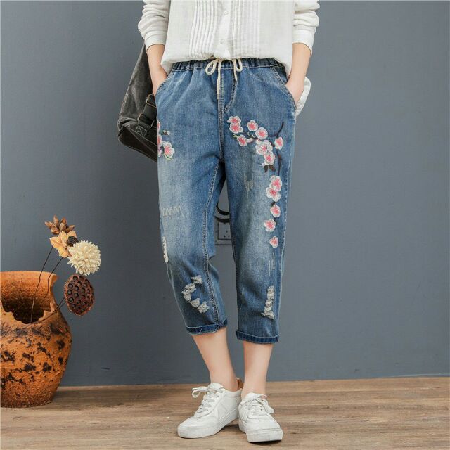 Jean baggy xước thêu hoa tinh tế Quảng Châu cao cấp
