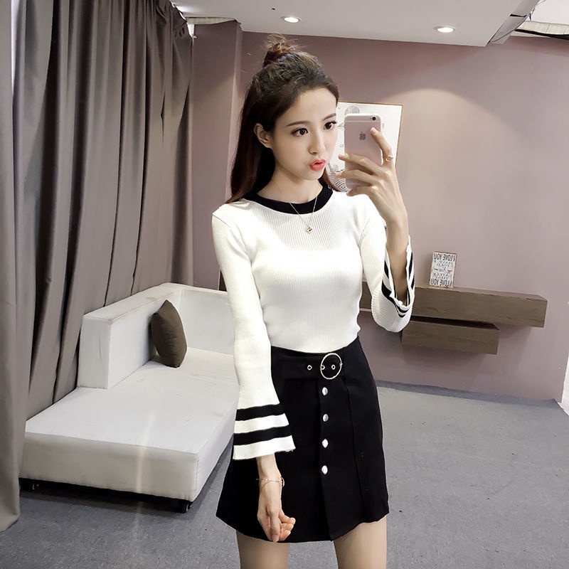 Áo Len Tay Dài Ống Loe Họa Tiết Kẻ Sọc Phong Cách Phương Tây Thời Trang Mùa Thu Mới Cho Nữ