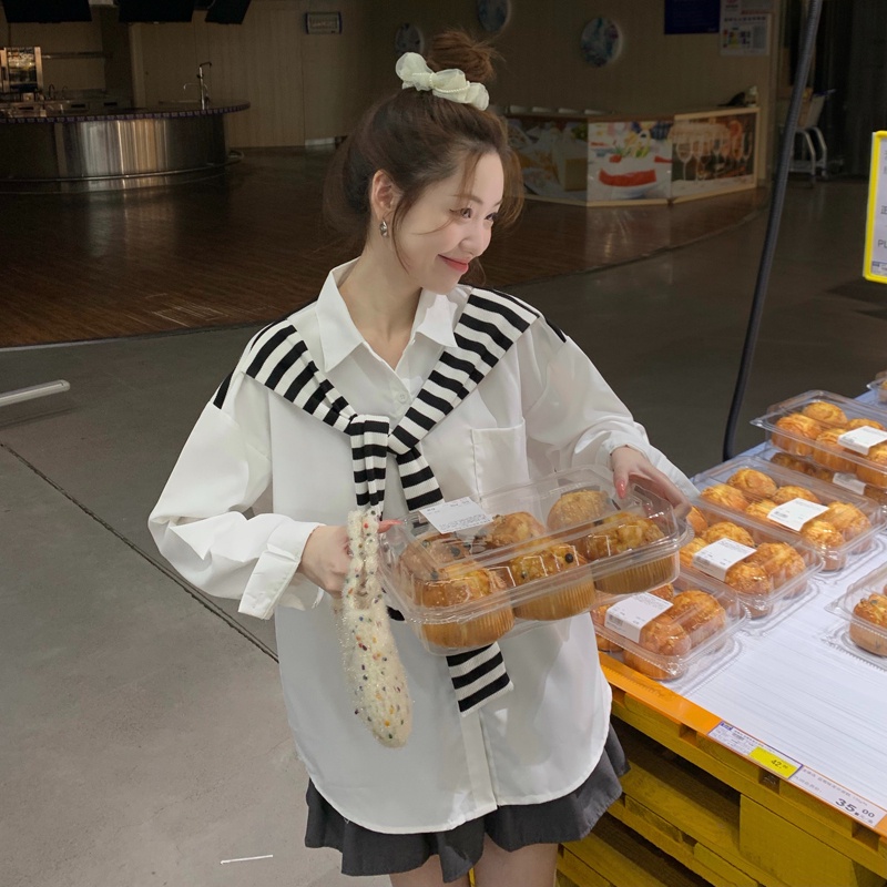 ZHELIHANGFEI Áo Sơ Mi Tay Dài Giả Hai Lớp Họa Tiết Kẻ Sọc Thời Trang Dễ Phối Đồ Cho Nữ