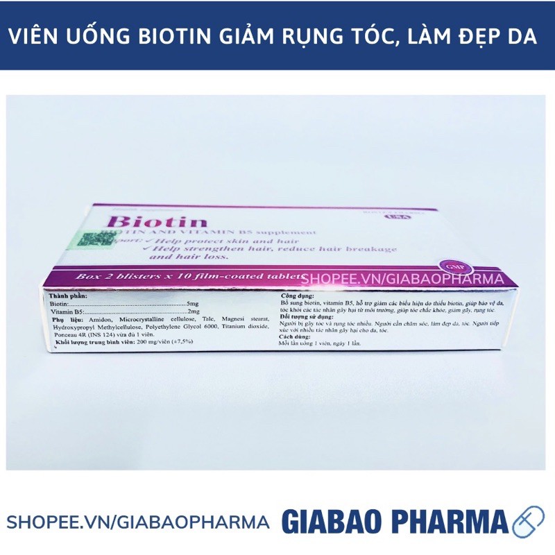 Viên uống bổ sung Biotin, Vitamin B5 giúp tóc chắc khỏe, giảm gãy rụng tóc - Hộp 20 viên | Thế Giới Skin Care