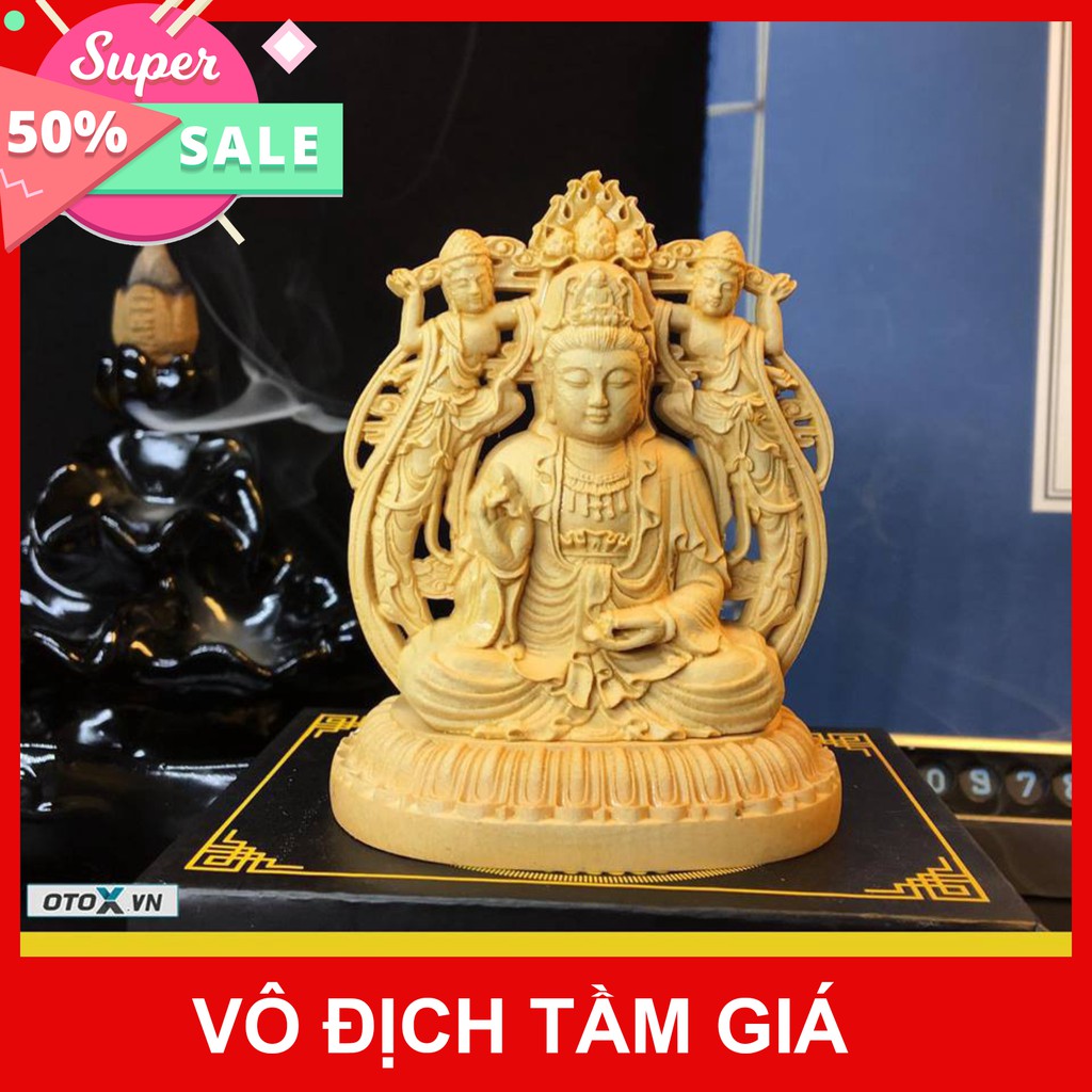 ((HOT )) Tượng Phật Bà Quan Âm tự tại bằng gỗ -Tặng vòng đeo tay (để trên bàn lv với trên taplo ôtô )