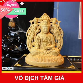 ((HOT )) Tượng Phật Bà Quan Âm tự tại bằng gỗ -Tặng vòng đeo tay (để trên bàn lv với trên taplo ôtô )