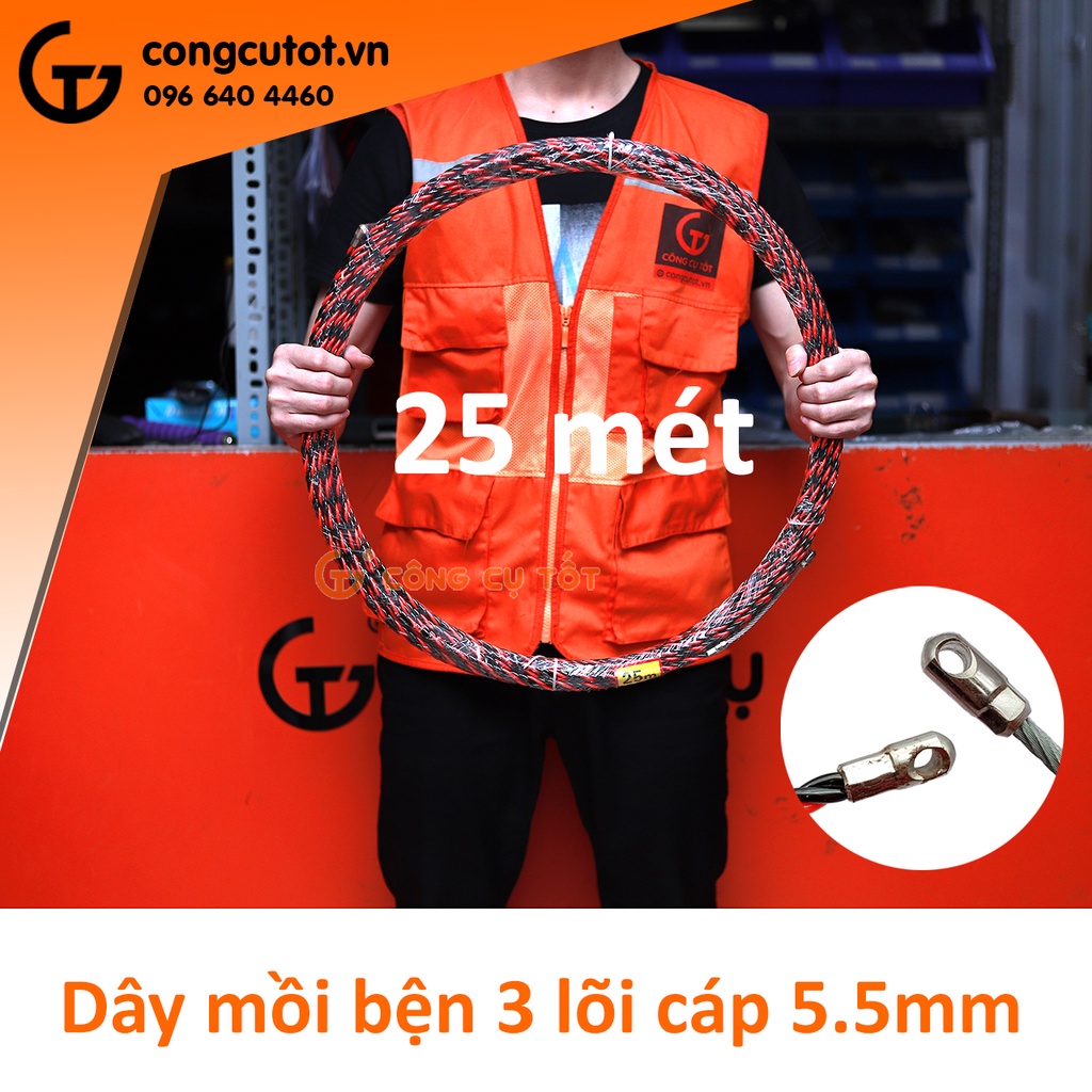 Dây mồi bện 3 lõi cáp Ø5.5mm cực khỏe vằn đỏ đen dài 25m