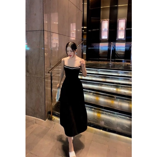 Đầm maxi 2 dây kết đá đen đỏ trắng