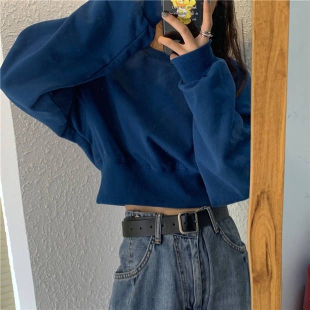 Áo Sweater Ngắn Dáng Rộng Tay Dài Eo Cao Màu Trơn Thời Trang Mùa Đông Phong Cách Hàn Quốc Cho Nữ