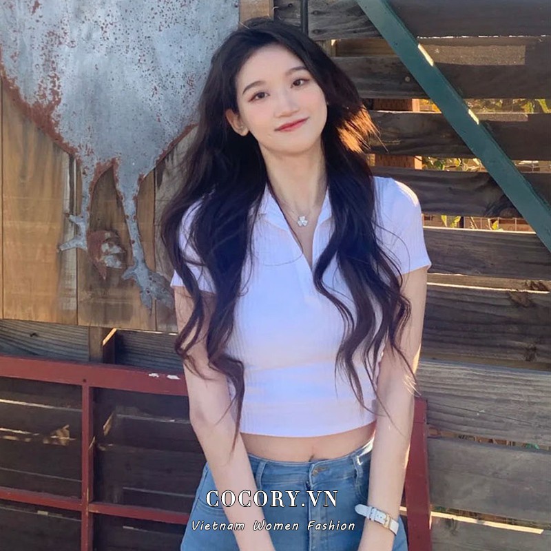 Áo croptop dệt kim tay ngắn thiết kế cổ chữ V khoét sâu gợi cảm