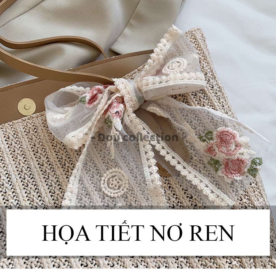 [NowShip2h] Túi Cói Đeo Vai (Túi Xách Kẹp Nách) Tote Trơn Phối Nơ Ren Thời Trang Đi Biển - Mã XT055