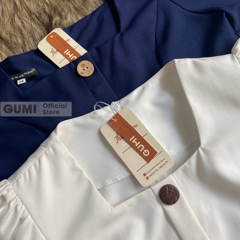 Đầm nữ dự tiệc dáng chữ A tay phồng cổ vuông 6 nút gỗ Gumi trẻ trung sang trọng - GM2067 | BigBuy360 - bigbuy360.vn