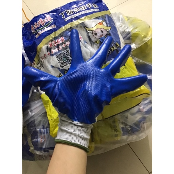 10 đôi gang tay cao su 388 - gang tay bảo hộ phủ sơn xanh