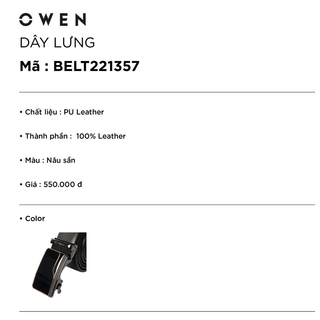 Thắt lưng da bò nam cao cấp OWEN BELT221357 Dây Da Màu Nâu Nịt Nam Mặt hợp kim đúc nguyên khối khóa trượt tự động