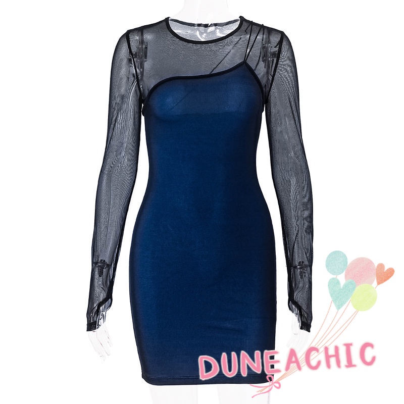 DUNEA Đầm dài tay phối lưới phong cách quyến rũ cho nữ