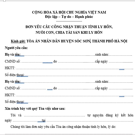 Mẫu đơn ly hôn thuận tình Tòa án nhân dân huyện Sóc Sơn, hà Nội + Bản hướng dẫn viết đơn ly hôn, hồ sơ ly hôn