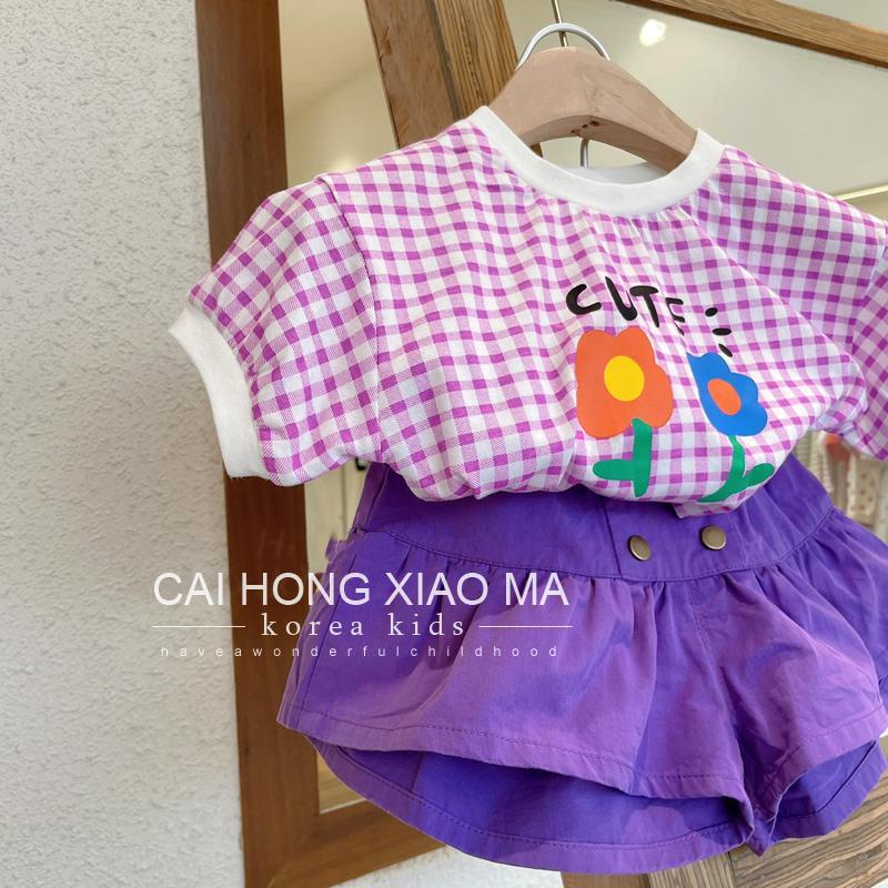 Quần Short Phối Áo Thun Sọc Ca Rô Thời Trang Mùa Hè Hàn Quốc Mới Dành Cho Bé Gái