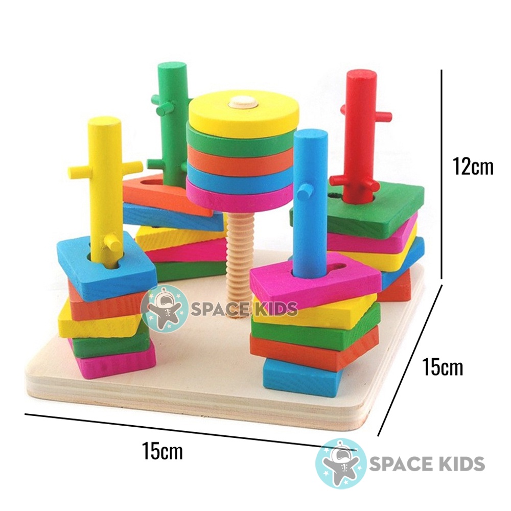 Đồ chơi gỗ thông minh Tháp thả hình khối 5 cột zigzag cho bé, Đồ chơi giáo dục montessori Space Kids