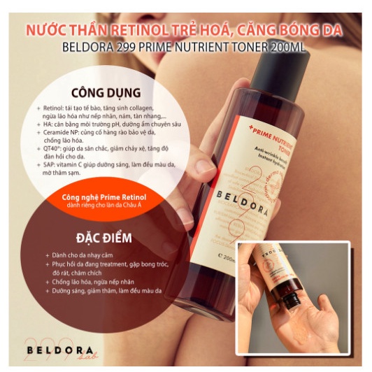 Nước thần Retinol trẻ hoa căng bóng da Beldora 299 Prime Nutrient toner 200ml