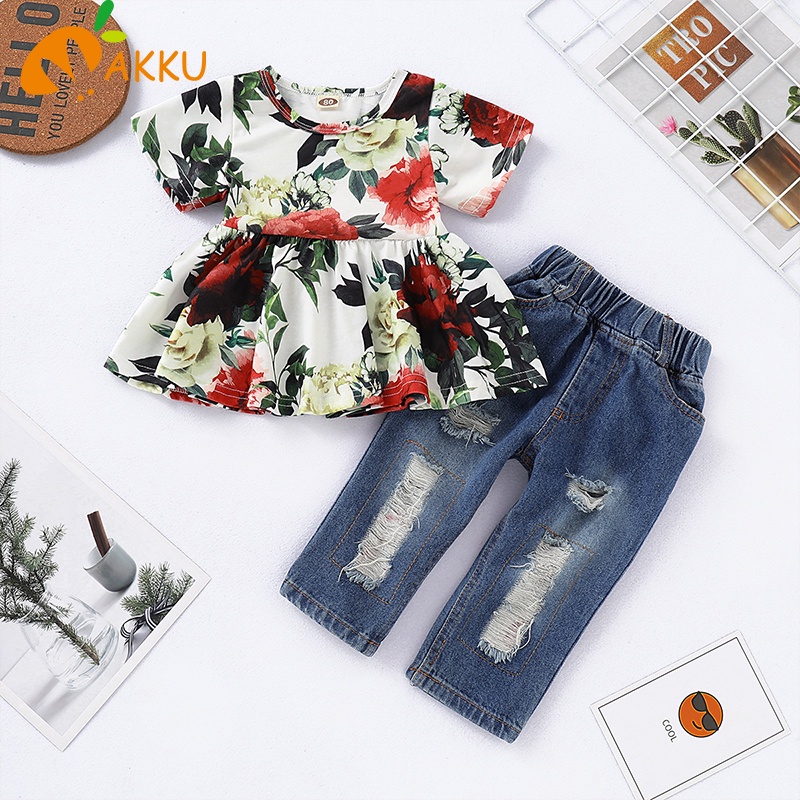 Set Áo Thun Tay Dài + Quần jeans Cho Bé Gái akku