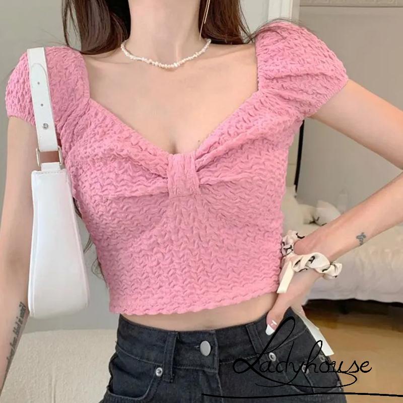 Áo Croptop Tay Ngắn Màu Trơn Họa Tiết Gợn Sóng Phối Nơ Dễ Thương Cho Nữ