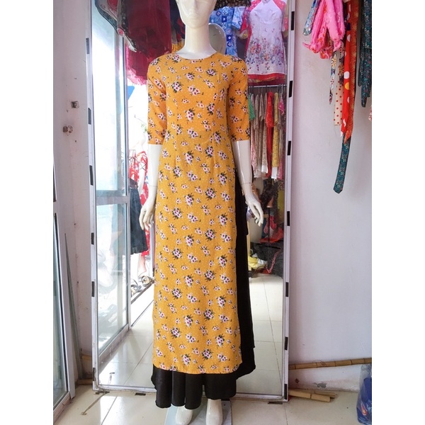 Áo dài vàng lụa Nhật hoa nhí 2 tà