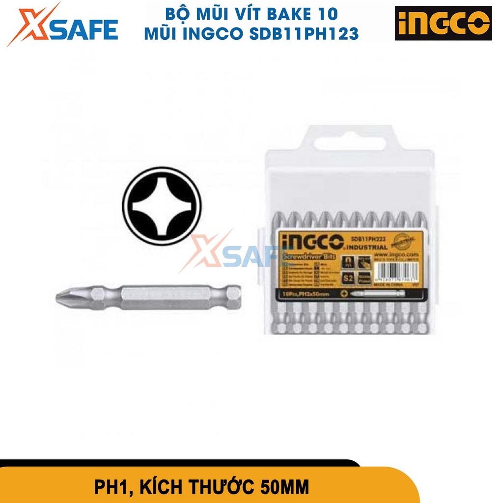 Bộ 10 đầu bắn vít bake INGCO PH1/2/3x50mm thép công nghiệp mạ niken, đầu lục giác nhiều size [CHÍNH HÃNG][XSAFE]