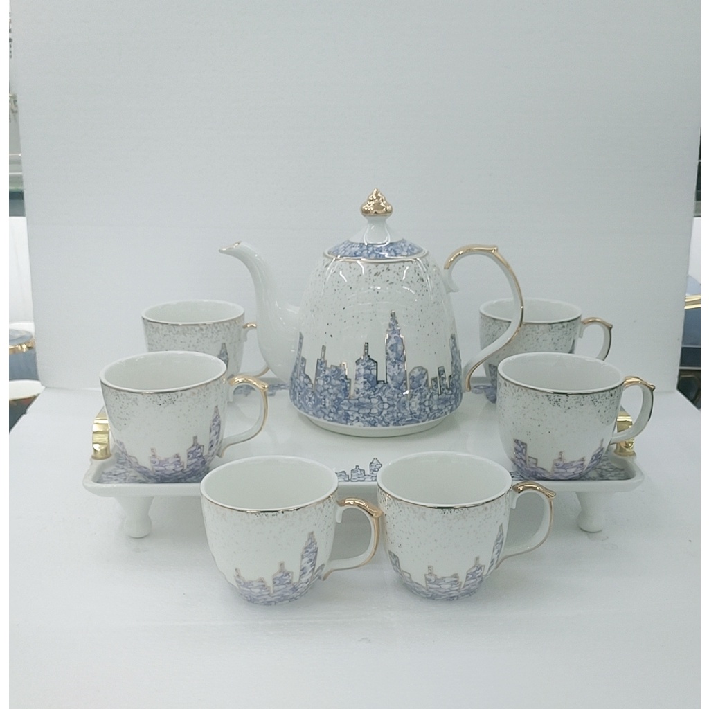 Bộ bình trà  kèm khay, ấm bầu trắng pha tím- màu trắng pha xanh dương viền vàng cao cấp