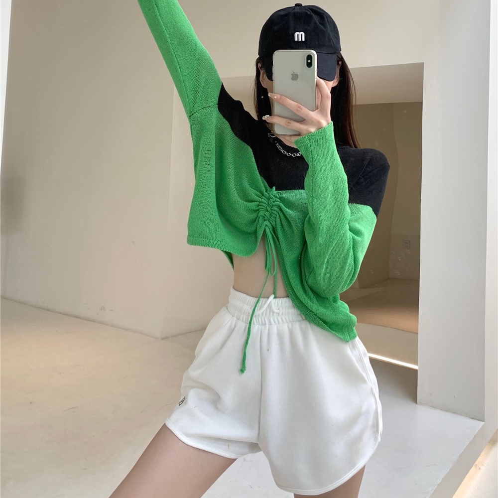 Áo Sweater Dệt Kim Dáng Ngắn Phối Dây Rút Kiểu Hàn Quốc Thời Trang Mùa Thu Cho Nữ