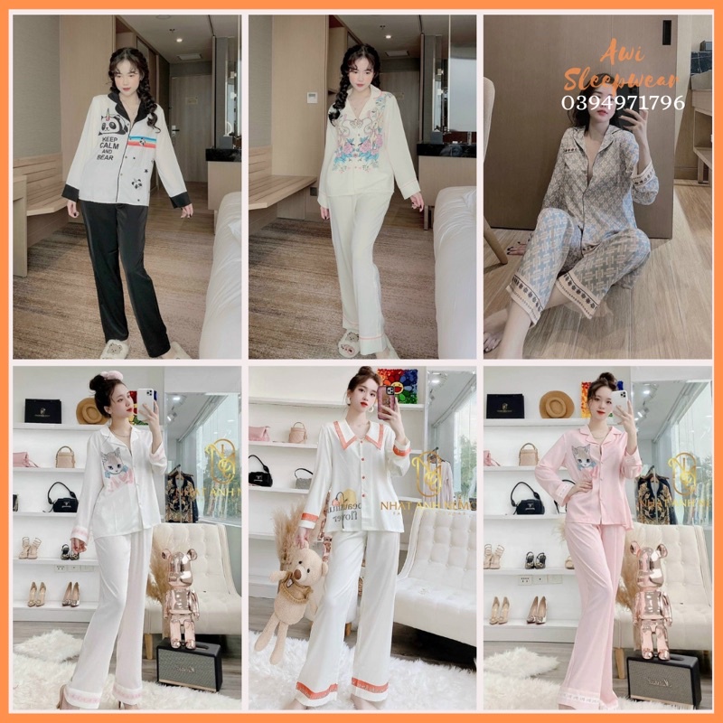 Bộ Pyjama Dài Tay Lụa Mango Thiết Kế Xinh Xắn Sang Chảnh - Awi Pyjama