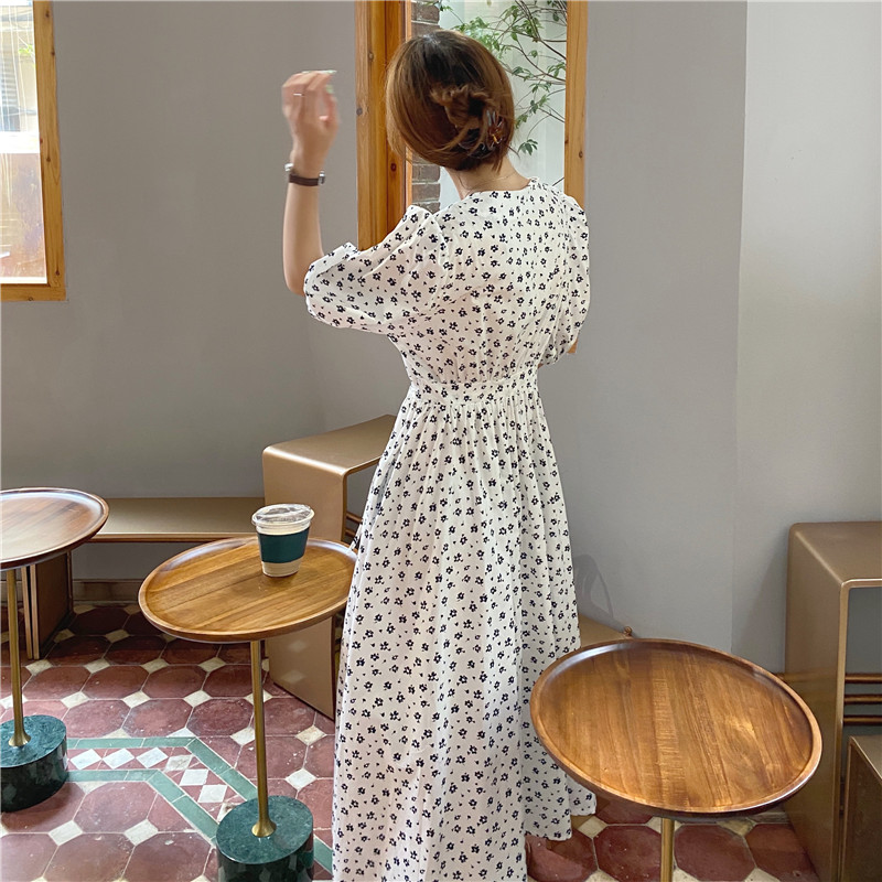 Đầm Maxi 35109 Cổ Chữ V Tay Phồng In Hoa Xinh Xắn Hợp Thời Trang