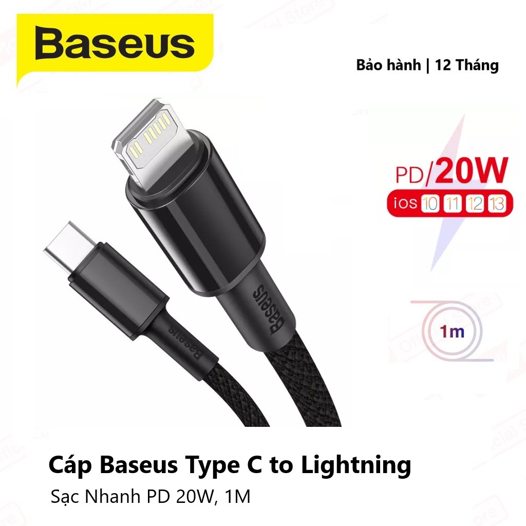 Cáp Sạc Nhanh, cáp đồng bộ dữ liệu Baseus PD Cổng USB C Sang Lighting 20W Cho Iphone 12 Pro Max, ..