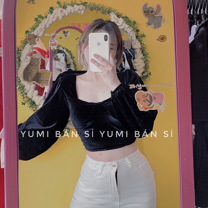Áo Croptop Tay Dài Chất Nhung Có Mút Ngực YUMI BÁN SỈ Áo Kiểu Nhung Phong Cách Hàn Quốc A09
