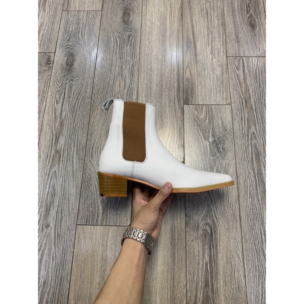 CHELSEA BOOTS White & Brown Giày Bốt Nam Trắng Đế Vàng/ Nâu Da Bò Khẩu Đế Gỗ, Khâu Mckay cao 5cm - TDK Shoemaker