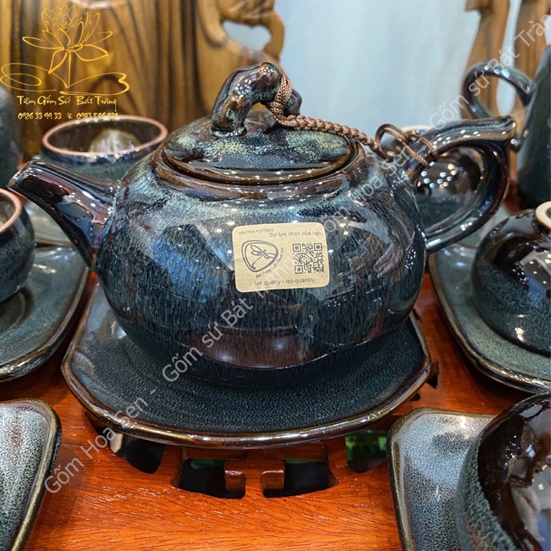 Bộ ấm trà, nghệ nhân Tô Thanh Sơn ấm chén Bát tràng cao cấp tách trà men hoả biến thiên thanh