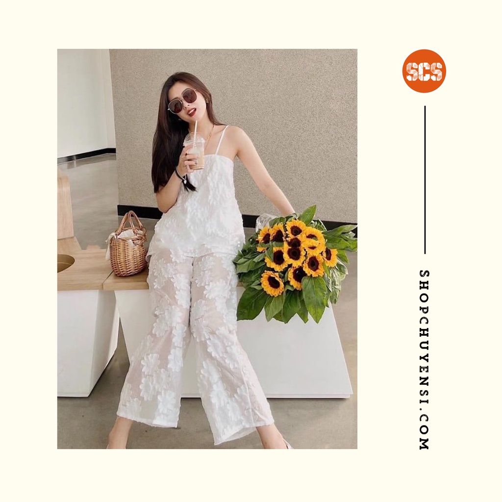 Set siêu phẩm quần dài áo 2 dây hoa nổi màu trắng sang trọng
