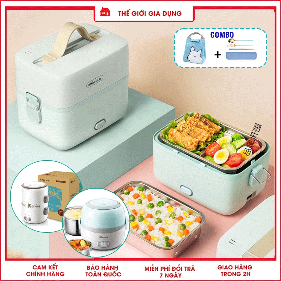 Hộp cơm cắm điện giữ nhiệt Bear, hộp cơm văn phòng 3 ngăn 1,2L, INOX304 cao cấp- Nấu chín, hâm nóng thức cực tốt!