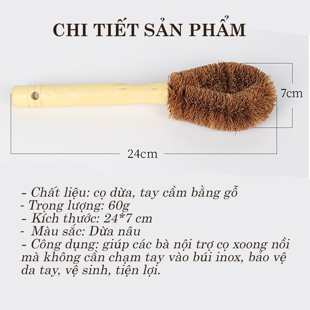 Bàn chải rửa bát nồi bằng xơ dừa tự nhiên chống dính dầu bàn chải cán gỗ dài đa năng tiện lợi