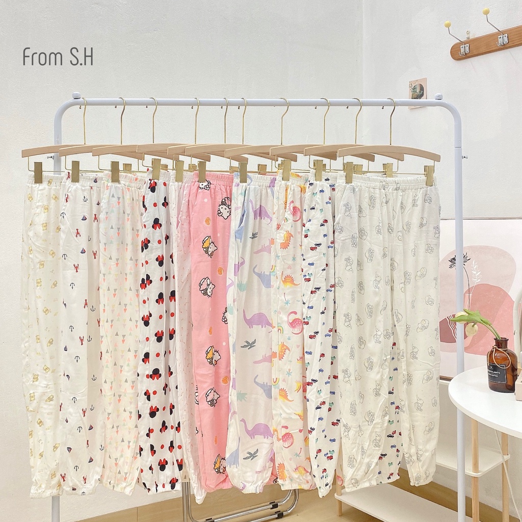 QUẦN VẢI COTTON MẶC NHÀ CHO NỮ, QUẦN THUN BO GẤU DÁNG DÀI NHIỀU HOẠ TIẾT