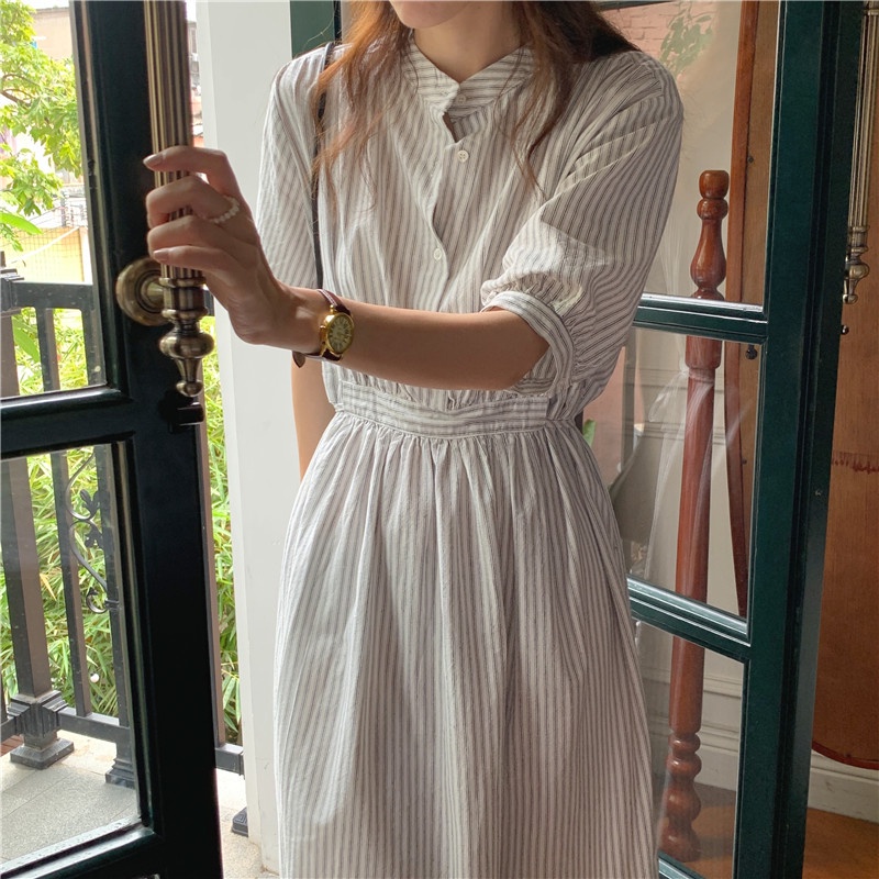 Đầm dài ngắn tay họa tiết kẻ sọc thời trang Hàn Quốc mùa hè mới thanh lịch 44715